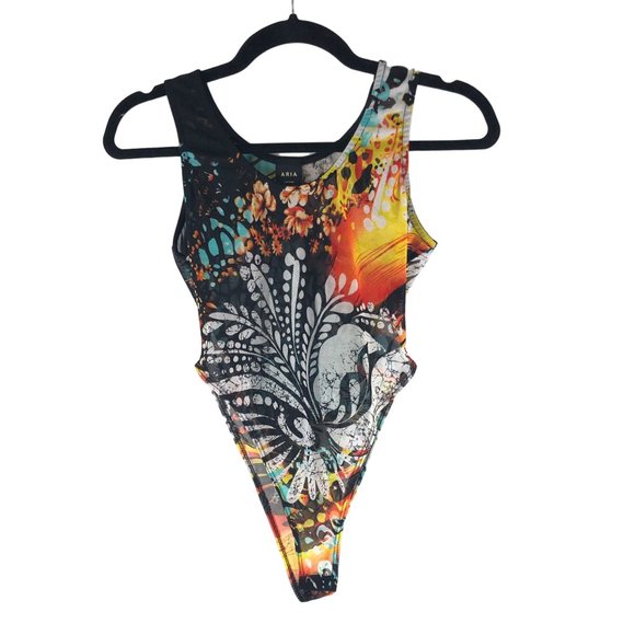 Aria Womens Bodysuit Mesh Sheer Black Orange Colorful M - Picture 1 of 4